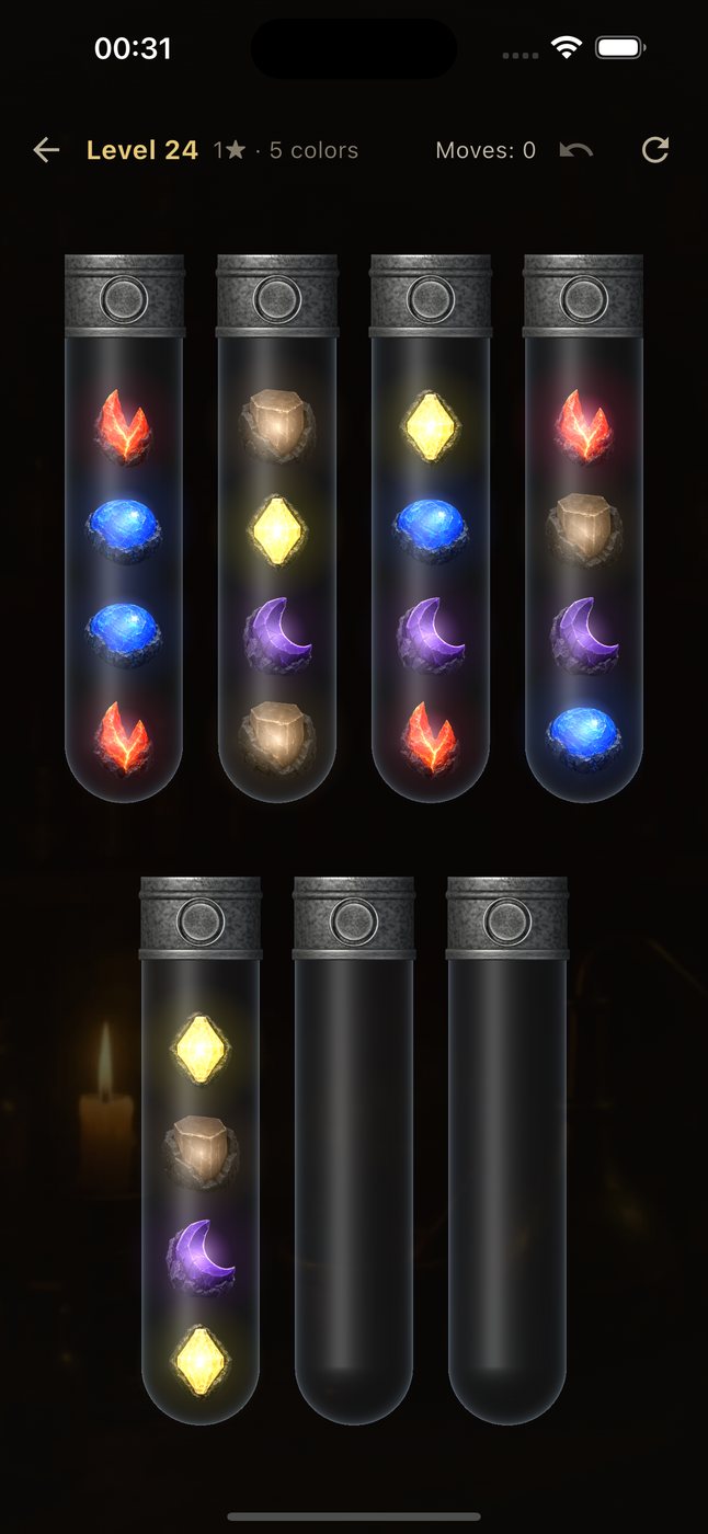 Elixa gameplay — pouring ores between glass tubes